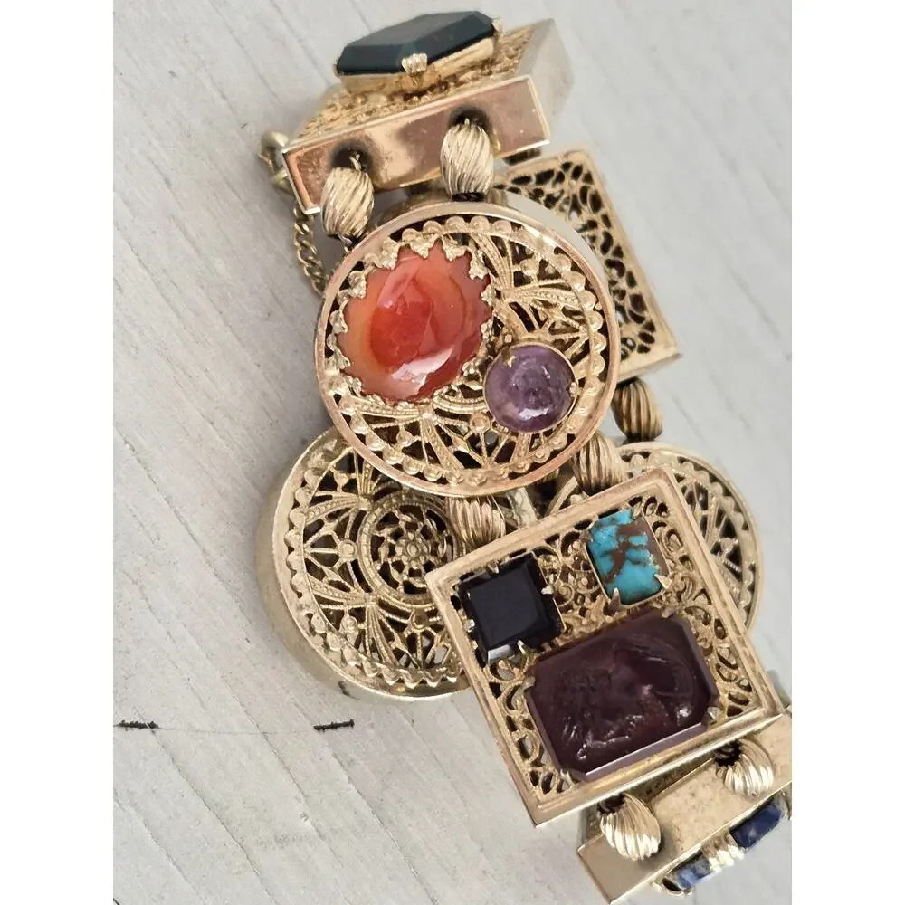 Vintage Kafin New York Chunky Ornate Multi-color Stone Panel Bracelet